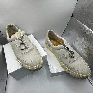 Beige Suede Platform Slip-On Sneakers with Silver Zipper | Women’s Shoes